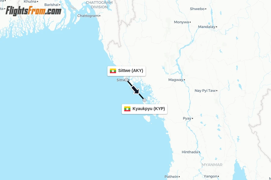 Flights from Sittwe to Kyaukpyu route map