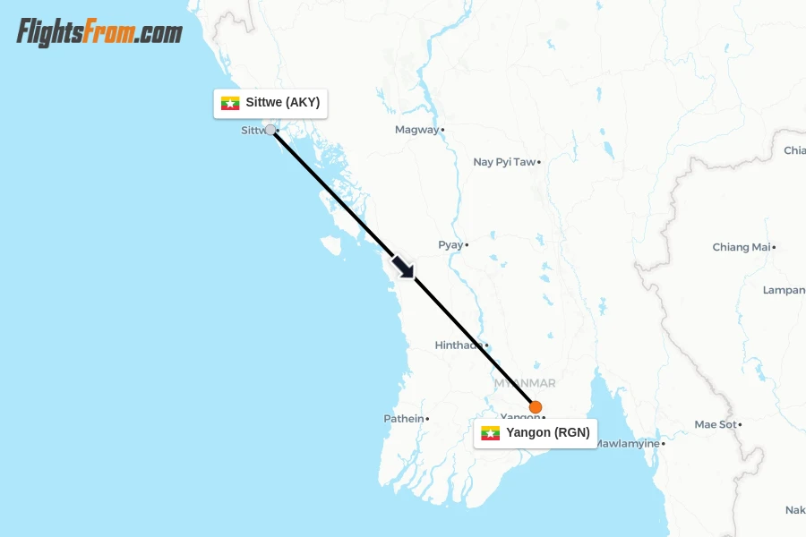 Flights from Sittwe to Yangon route map