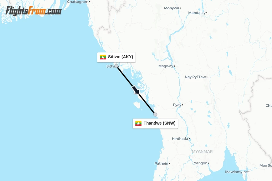 Flights from Sittwe to Thandwe route map