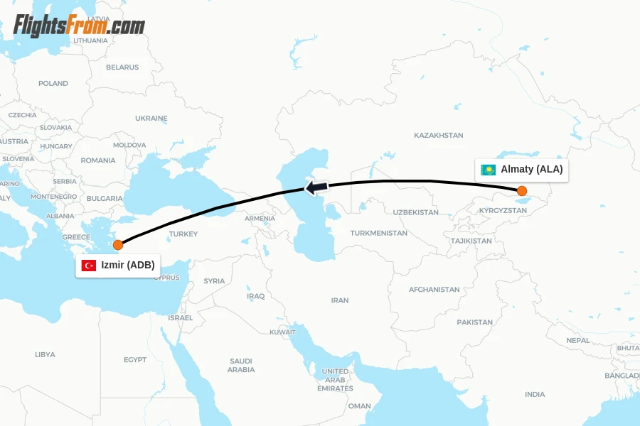 Flights from Almaty to Izmir route map