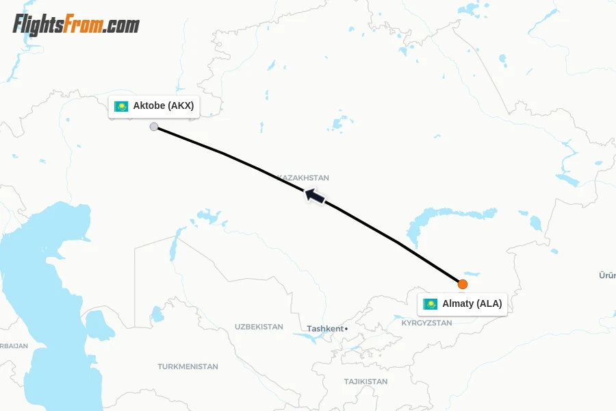 Flights from Almaty to Aktobe route map