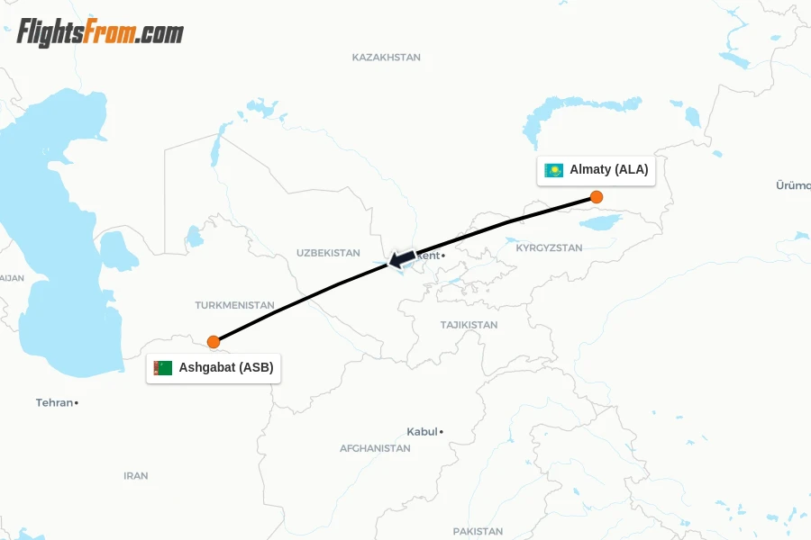 Flights from Almaty to Ashgabat route map