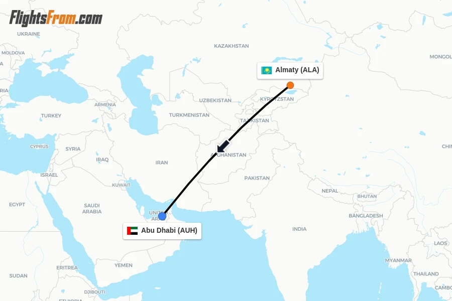 Flights from Almaty to Abu Dhabi route map