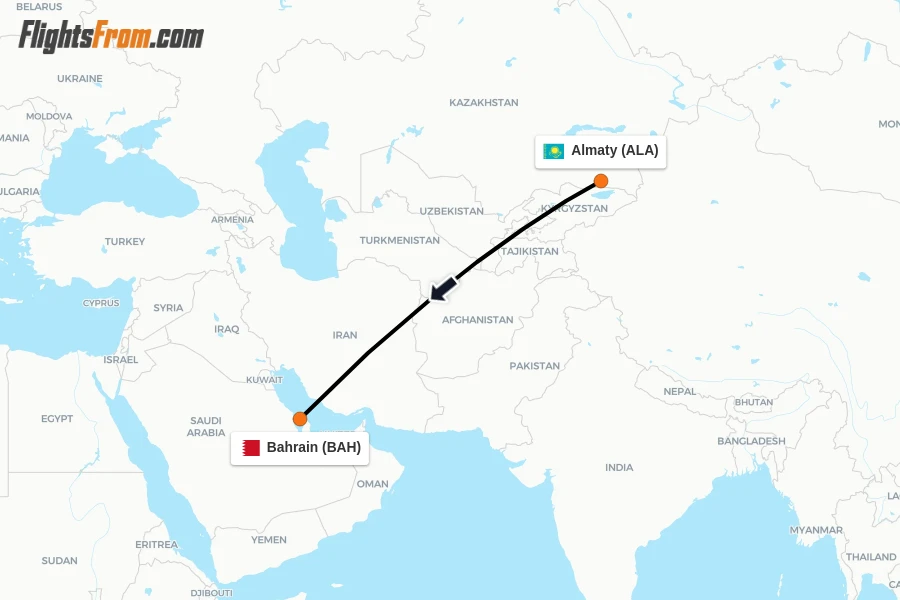 Flights from Almaty to Bahrain route map