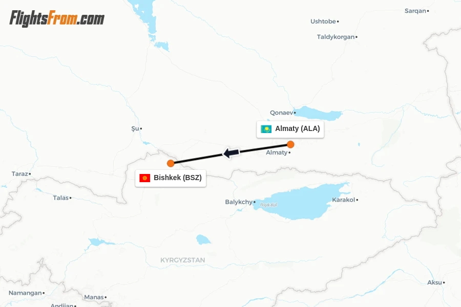 Flights from Almaty to Bishkek route map