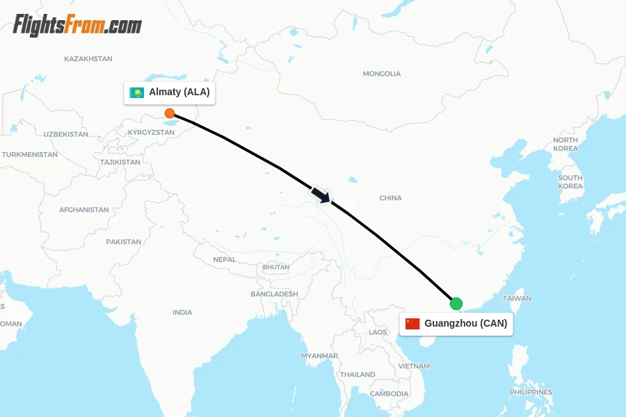Flights from Almaty to Guangzhou route map