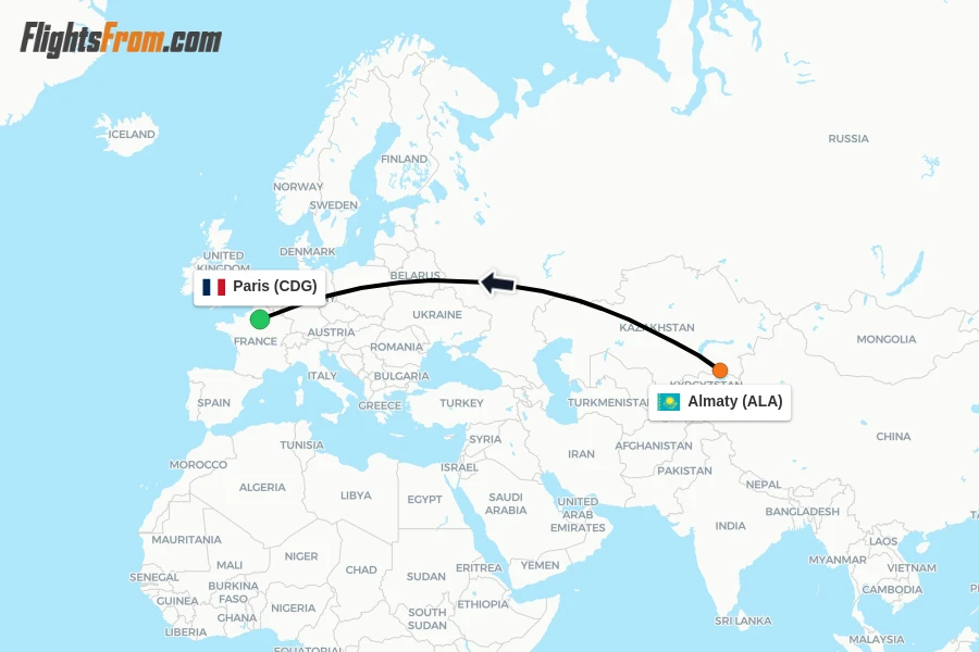 Flights from Almaty to Paris route map