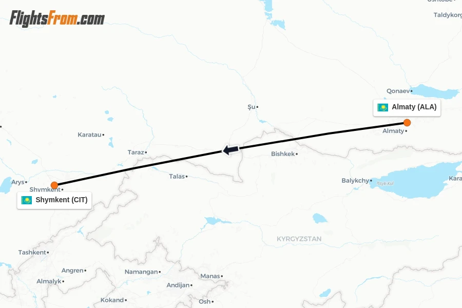 Flights from Almaty to Shymkent route map