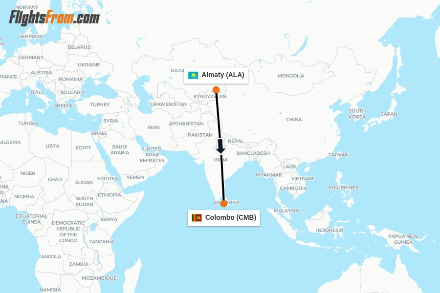 Flights from Almaty to Colombo route map