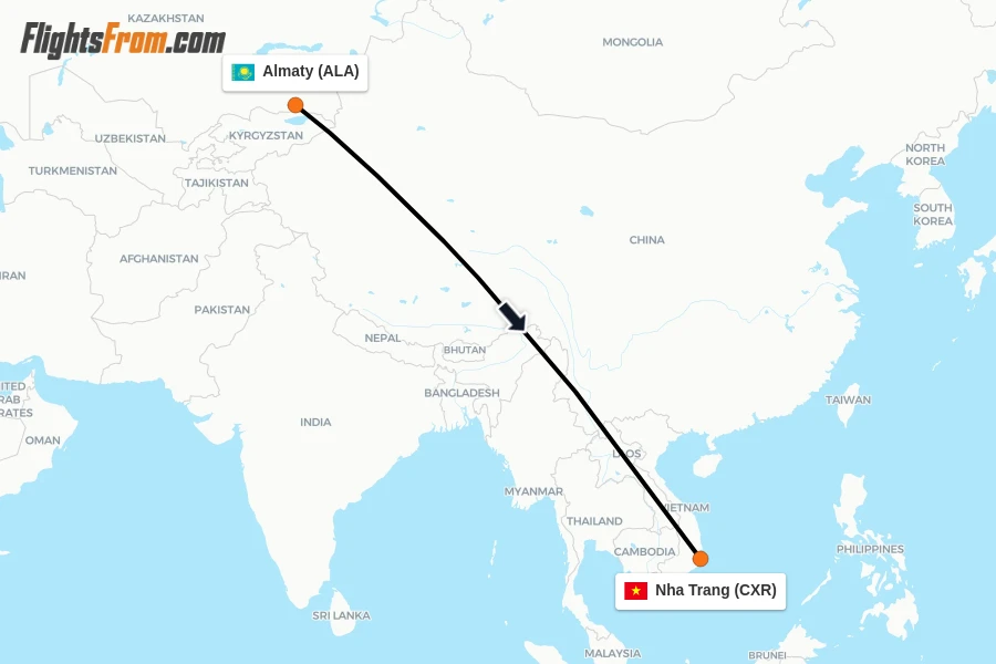 Flights from Almaty to Nha Trang route map