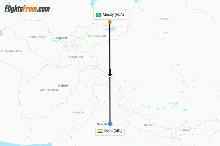 Flights from Almaty to Delhi route map