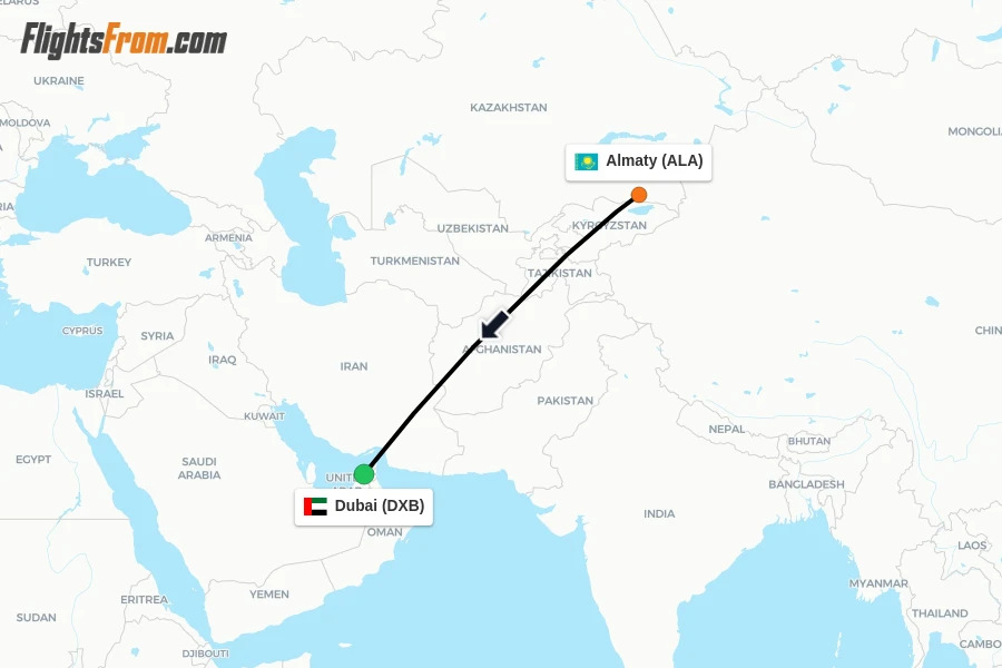 Flights from Almaty to Dubai route map
