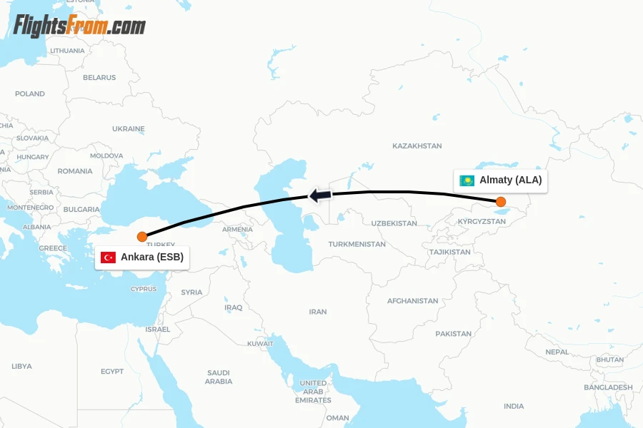 Flights from Almaty to Ankara route map