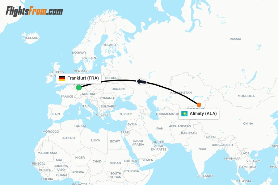 Flights from Almaty to Frankfurt route map