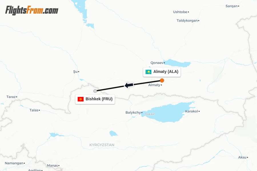 Flights from Almaty to Bishkek route map