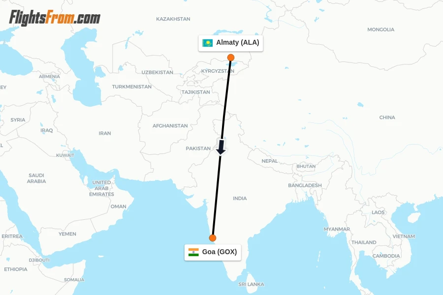 Flights from Almaty to Goa route map