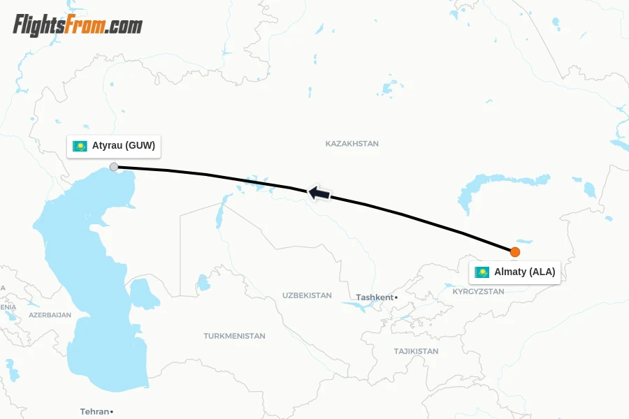 Flights from Almaty to Atyrau route map