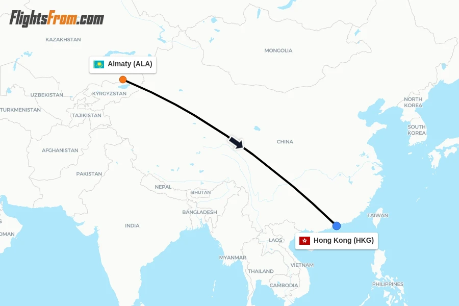 Flights from Almaty to Hong Kong route map