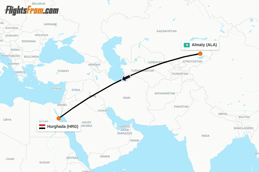 Flights from Almaty to Hurghada route map