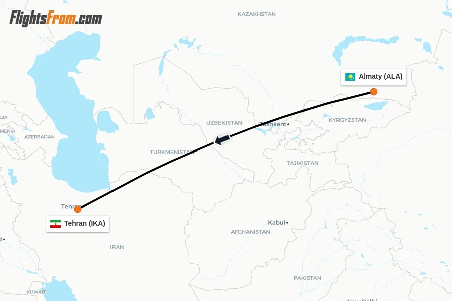 Flights from Almaty to Tehran route map