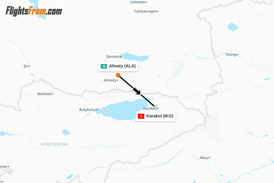 Flights from Almaty to Karakol route map