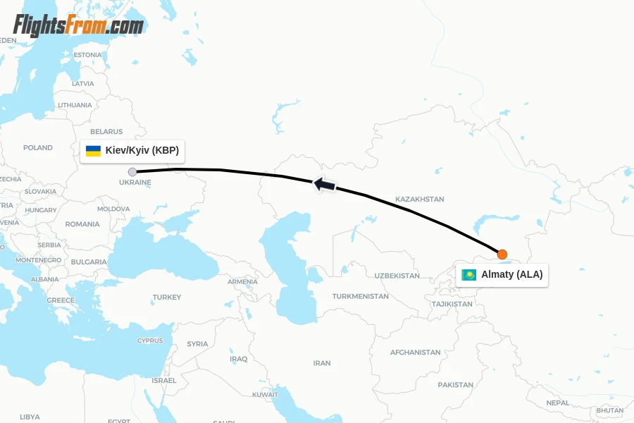 Flights from Almaty to Kiev/Kyiv route map
