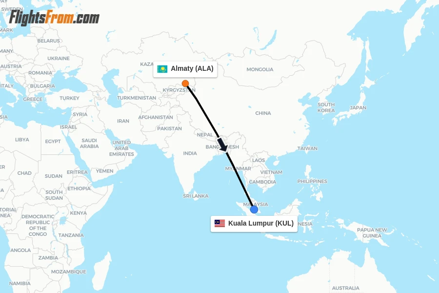 Flights from Almaty to Kuala Lumpur route map