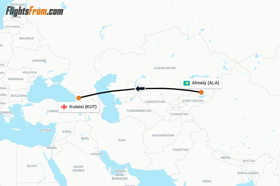 Flights from Almaty to Kutaisi route map