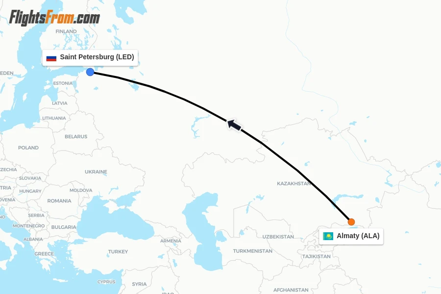Flights from Almaty to Saint Petersburg route map