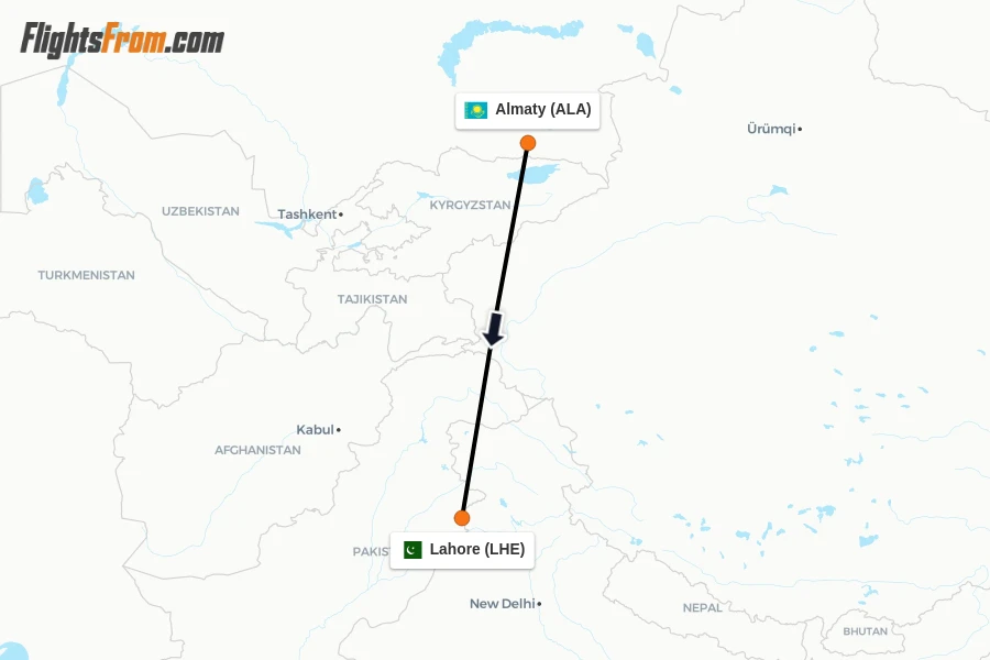 Flights from Almaty to Lahore route map