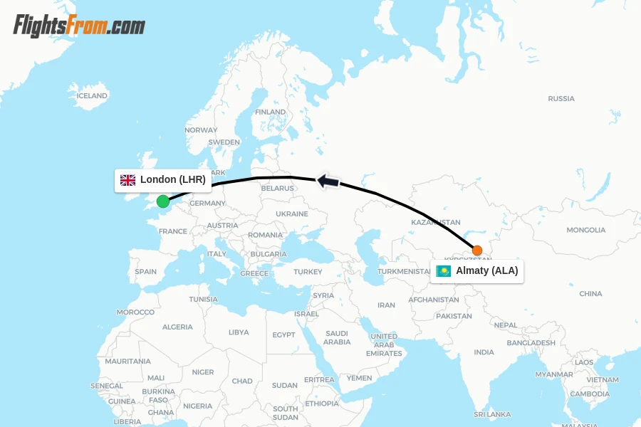 Flights from Almaty to London route map