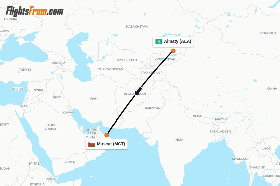 Flights from Almaty to Muscat route map