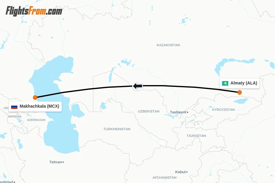 Flights from Almaty to Makhachkala route map