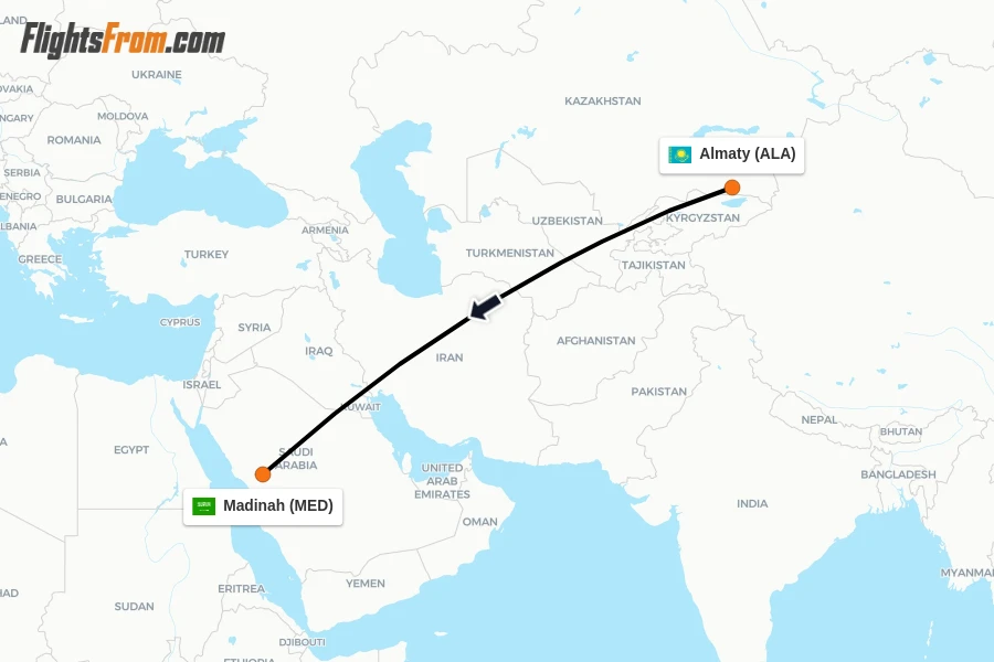 Flights from Almaty to Madinah route map