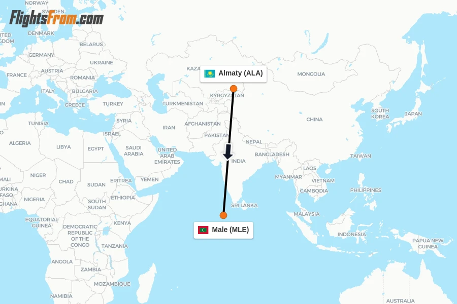 Flights from Almaty to Male route map