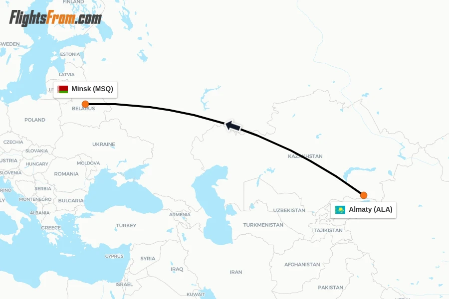 Flights from Almaty to Minsk route map