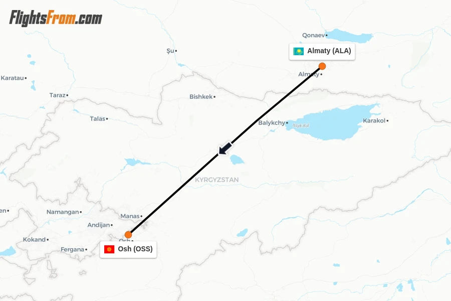 Flights from Almaty to Osh route map