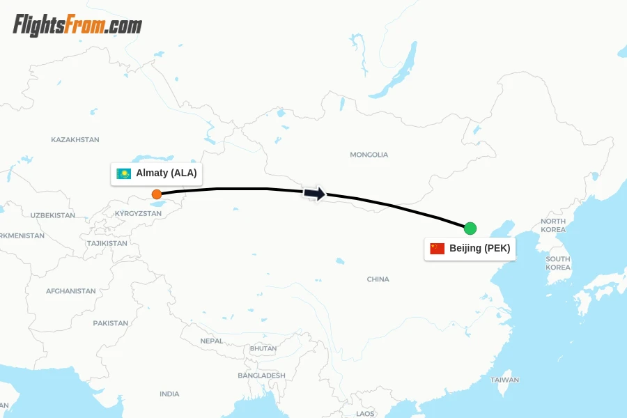 Flights from Almaty to Beijing route map