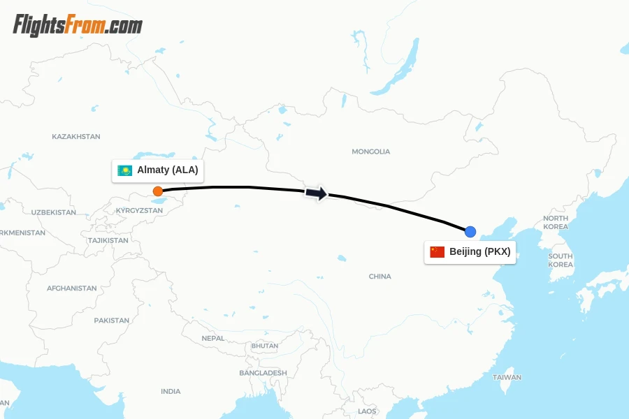 Flights from Almaty to Beijing route map