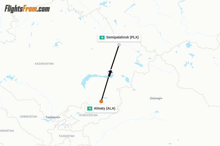Flights from Almaty to Semipalatinsk route map