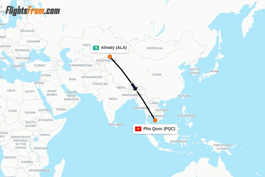 Flights from Almaty to Phu Quoc route map