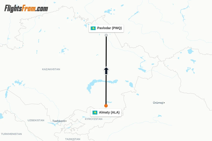 Flights from Almaty to Pavlodar route map