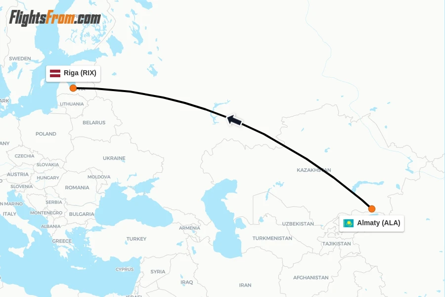 Flights from Almaty to Riga route map