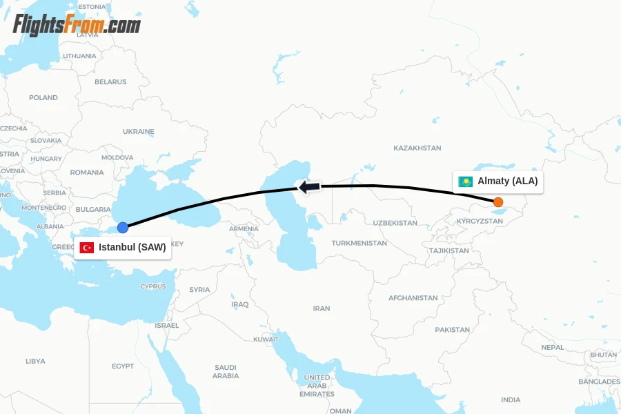 Flights from Almaty to Istanbul route map