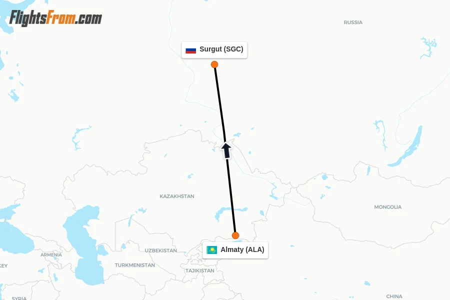 Flights from Almaty to Surgut route map
