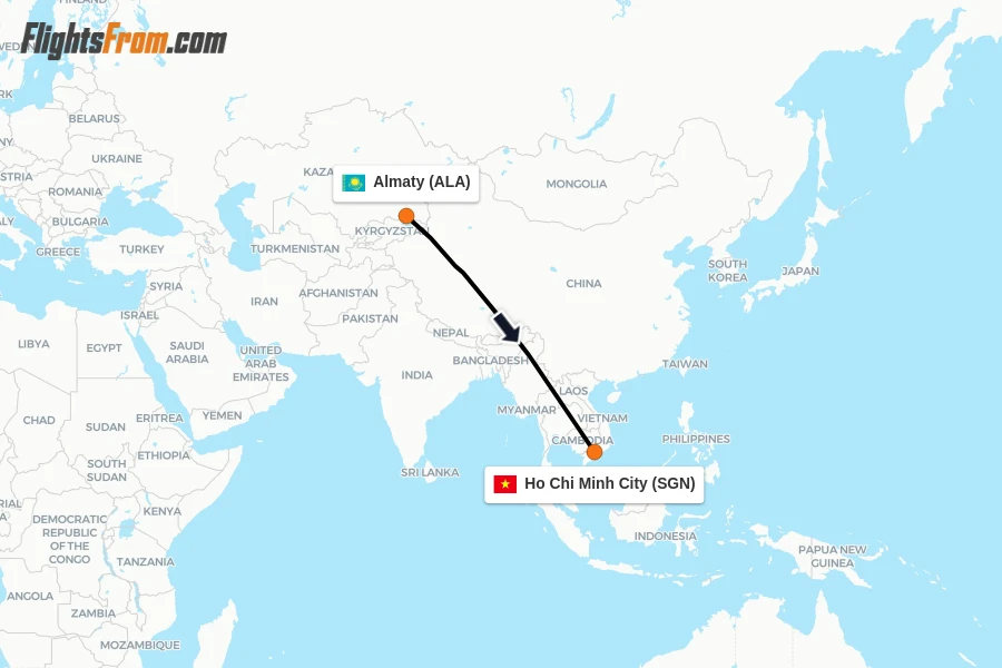 Flights from Almaty to Ho Chi Minh City route map