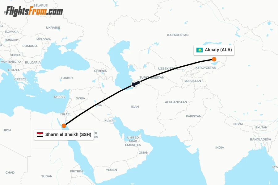 Flights from Almaty to Sharm el Sheikh route map