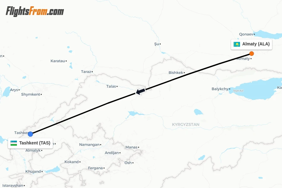 Flights from Almaty to Tashkent route map