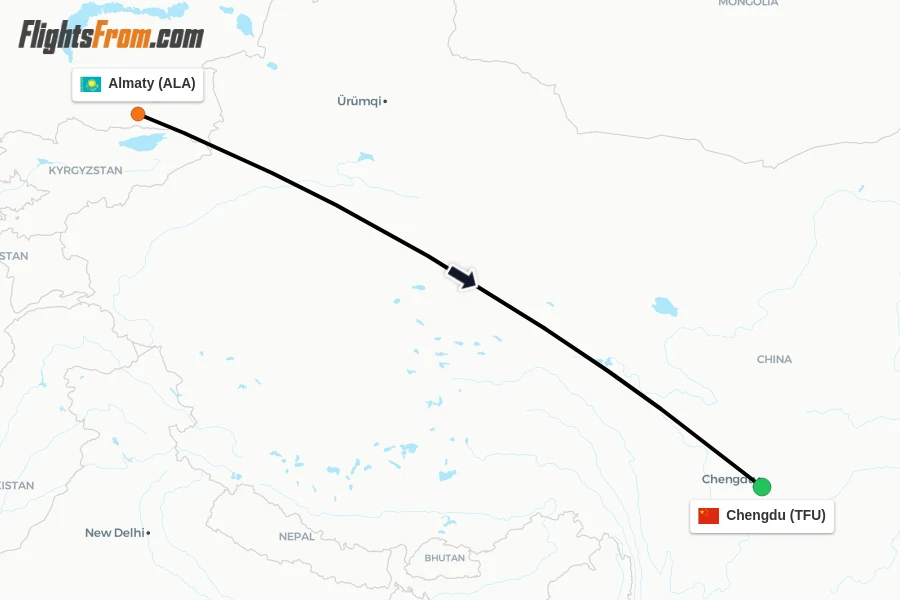 Flights from Almaty to Chengdu route map
