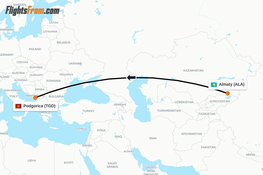 Flights from Almaty to Podgorica route map